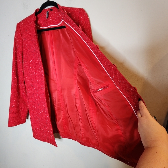 Mary Kay Red Tweed Button Jacket Long Blazer Mock Neck Size Medium Tall - Picture 11 of 16